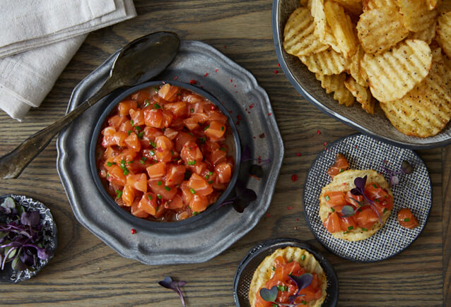 Simple Verlasso Salmon Tartar on Kettle Chips