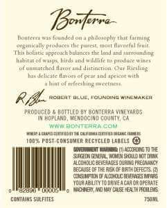 Bonterra Riesling back wine label