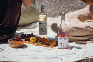 Bottle of Bonterra Rose Wine on a beach towl near a plate of fruit