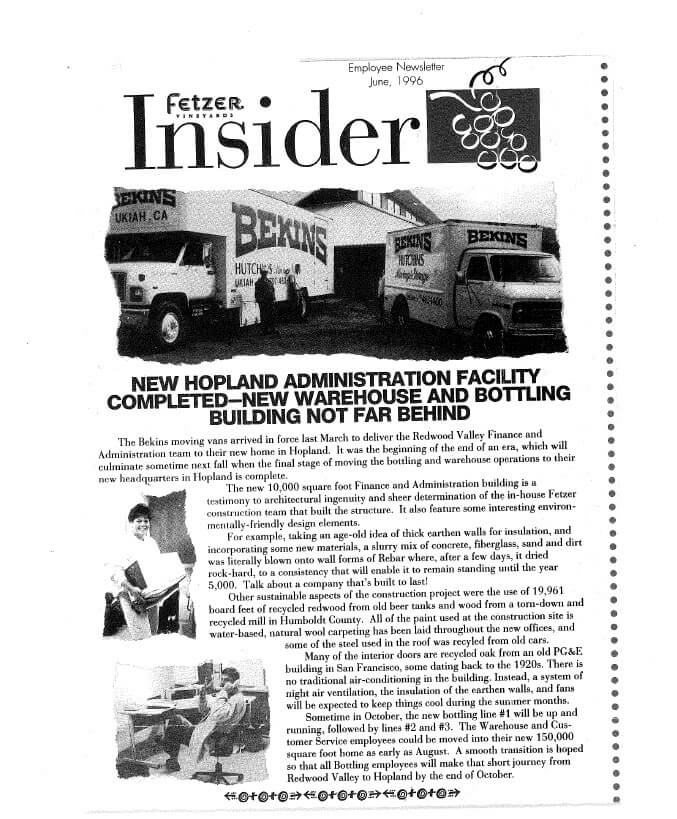 Employee Newsletter from June 1996 highlighting environmental stewardship in action through the then new Hopland Administration Facility: "New Warehouse and Bottling Building Not Far Behind"