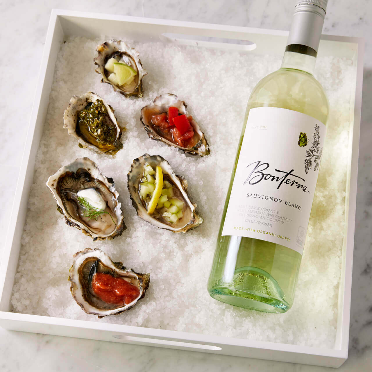 Oysters 6 ways and Bonterra Sauvignon Blanc