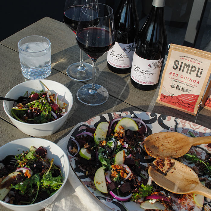 Pinot Noir paired with Simpli's red quinoa in a salad