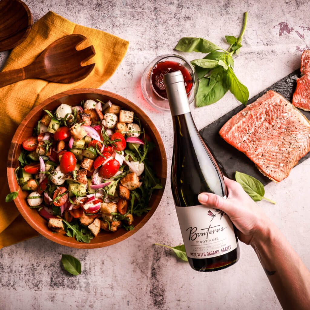 Summer panzanella salad paired with pinot noir