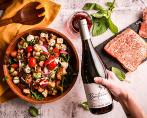 Summer panzanella salad paired with pinot noir