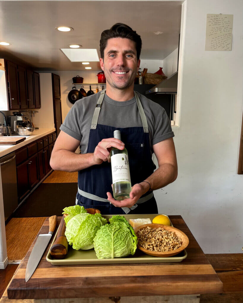 Oliver English pictured with the ingredients for his sauvignon blanc pairing