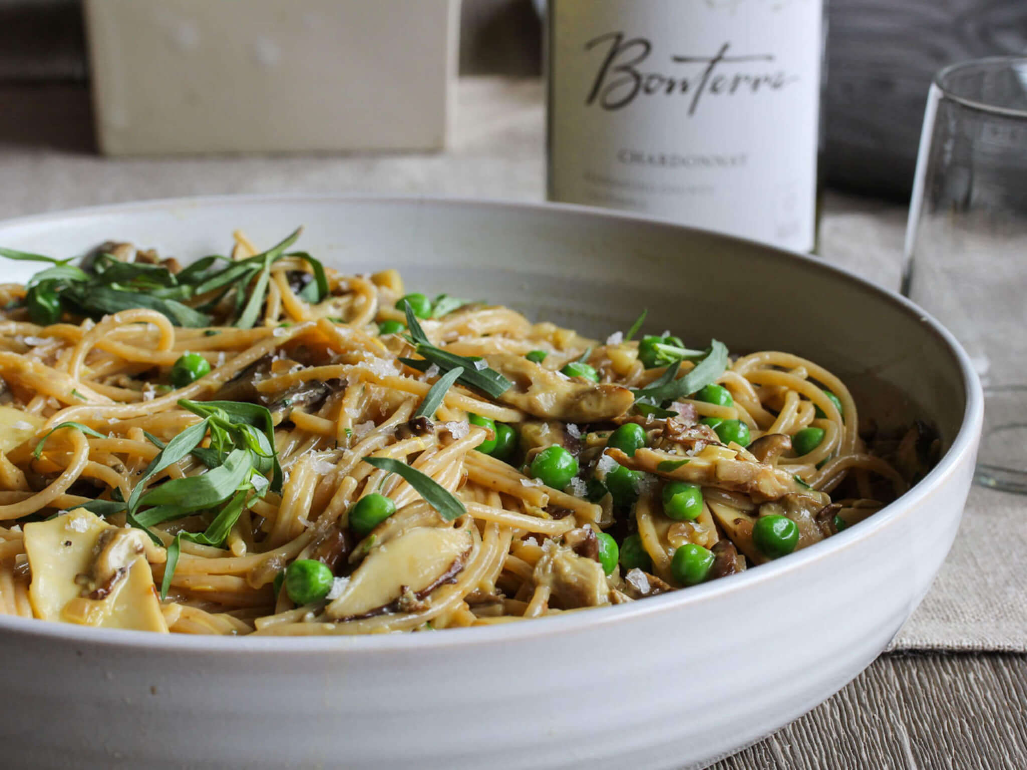 Wild Mushroom Carbonara with Peas Bonterra Organic Vineyards